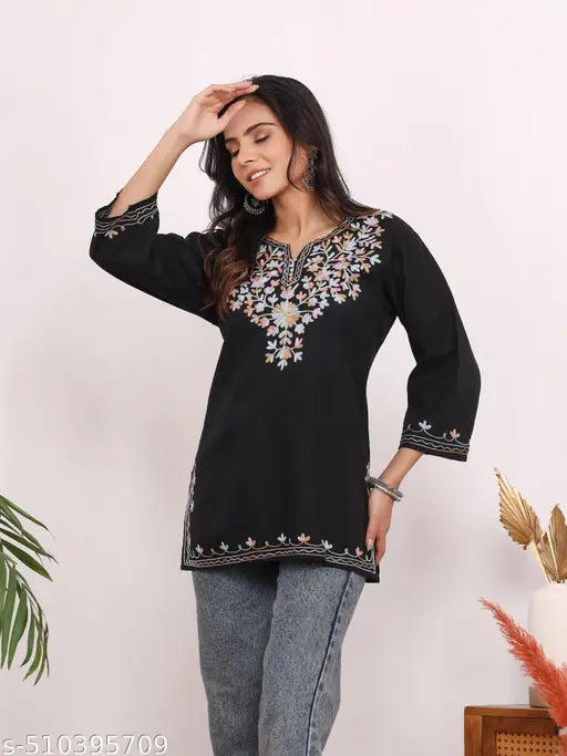 Women Tending Rayon Black Embroidered short kurta