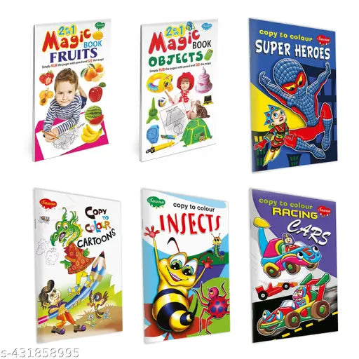 2 in 1 Magic and Copy to Colour Book: Fruits-Vegetables Shapes-Objects Super Heroes Cartoons Insects and Racing cars book for kids : Colouring books for kids Colour books for kids Colour Activity book for kids - Set of 6 colouring book for kids.