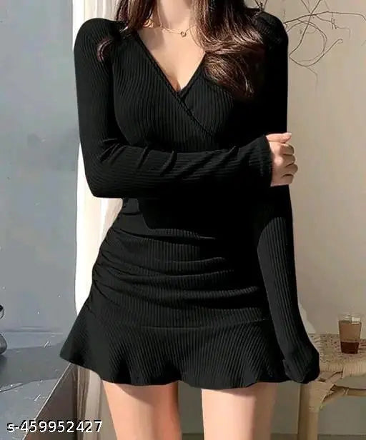 Ribbed Midi Dresses for Women V Neck Clothes Long Sleeve Ruffles Bodycon Dresses Autumn Black