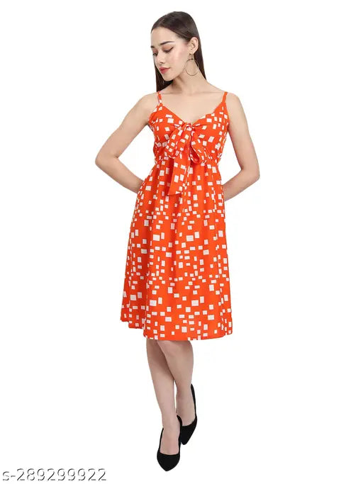 Nature Craft Women Orange Crepe stripe shoulder Floral Print A-Line Dress
