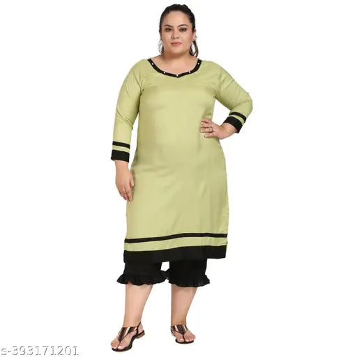 FAZZN Plus Size Green Rayon Straight V Neck Kurti