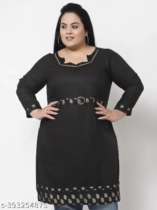 FAZZN Plus-Size Customizable Solid Knee-Length Straight Kurti with Round Neck in Black