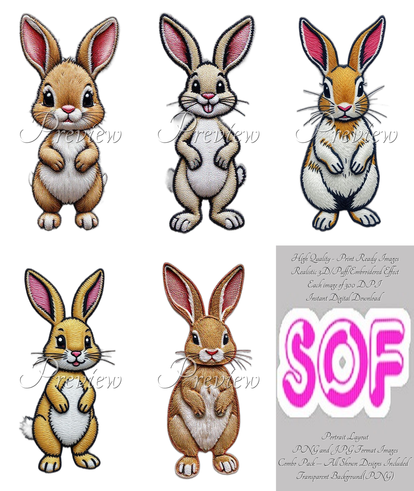 Standing Rabbit Theme Pack of 5 Digital Images | 300 DPI Printable Art | Images for Print on Demand