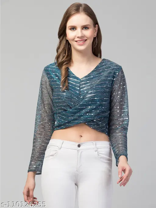 Women Girls Knot Style Tinsel Bling Top