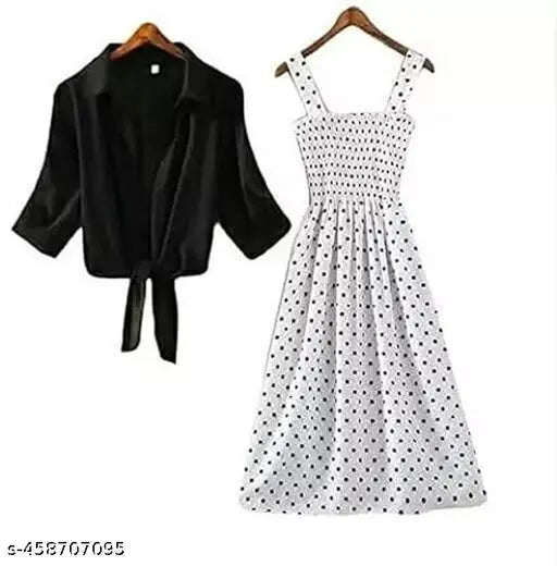 Nature Craft Women Stylish and Trendy Polka Stripe Black Shrug Smoking White Dress for women
