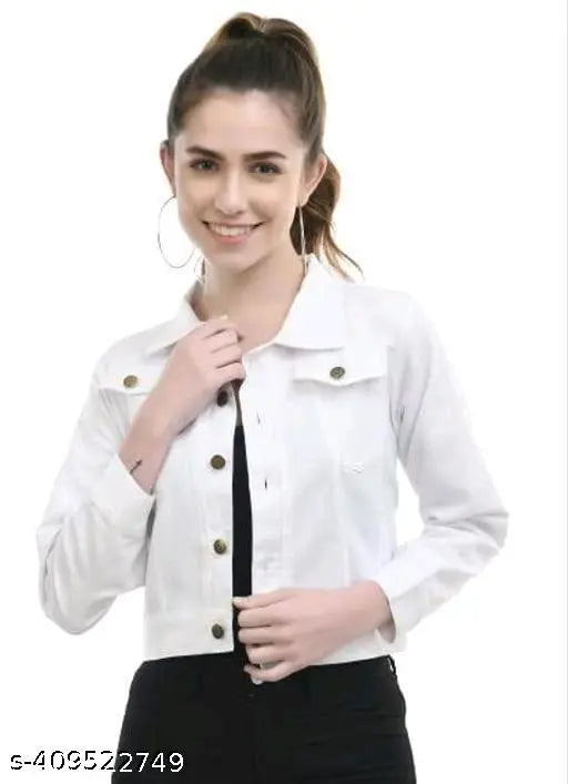 Nature Craft White Denim Collar Neck Full Sleeve Women Solid Regular Jacket