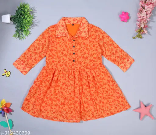 Nature Craft Orange Georgette Floral 3/4 Sleeve knee Length Kids Dress