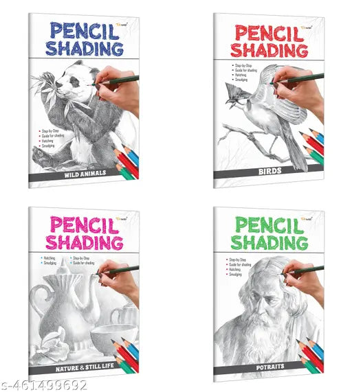 Pencil Shading - Birds Wild Animals Nature & Still Life and Portraits : Children’s art book Pencil Shading book for Children Educational book for kids - Pack of 4 Pencil Shading Activity books
