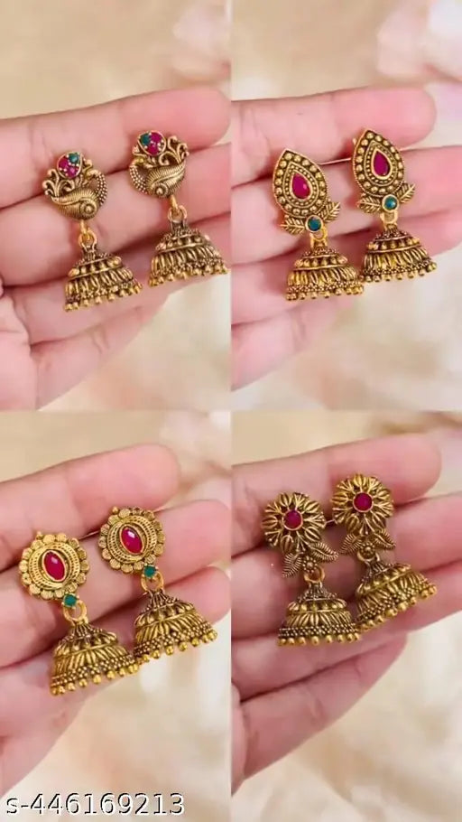 jhumka earring's South Indian gold palated earrings combo jhumka rarring's Zumka Earrings Traditional Jewellery Ethnic Fancy #fancy earring's # latest earring's (pack of-4