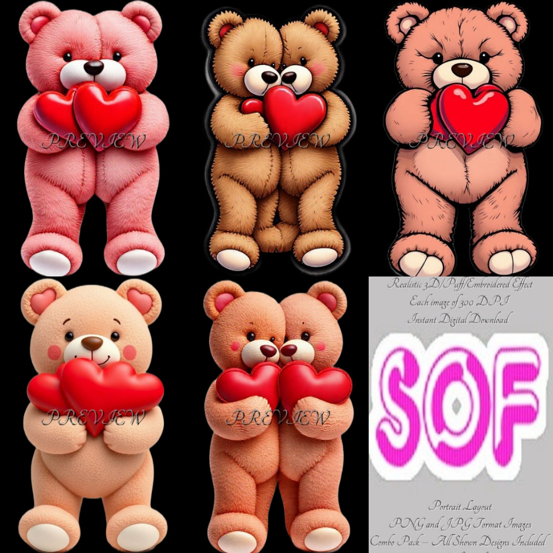 Teddy Bears with Hearts Theme Pack of 5 Digital Images | 300 DPI Printable Art | Print on Demand Images