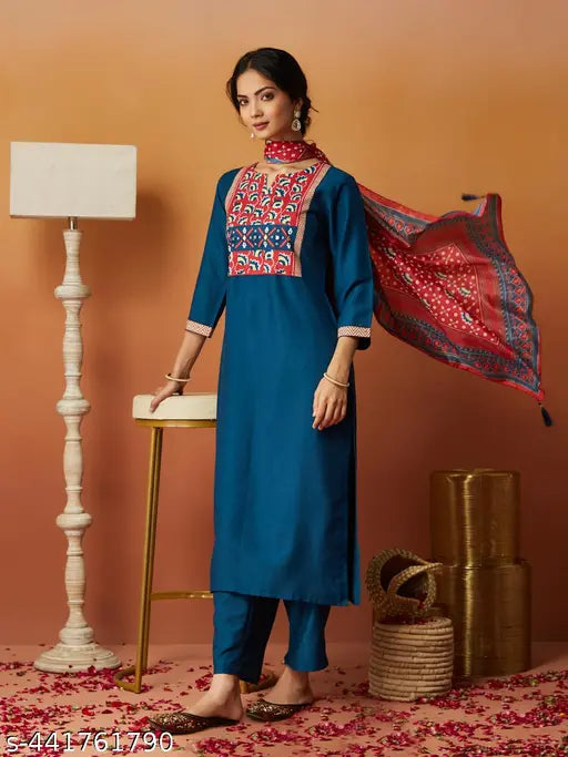 Women's Chinon Kurta & Pant With Dupatta Set