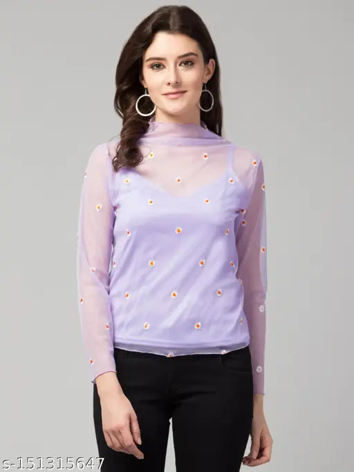 Stylish Embroidered High Neck Mesh Top