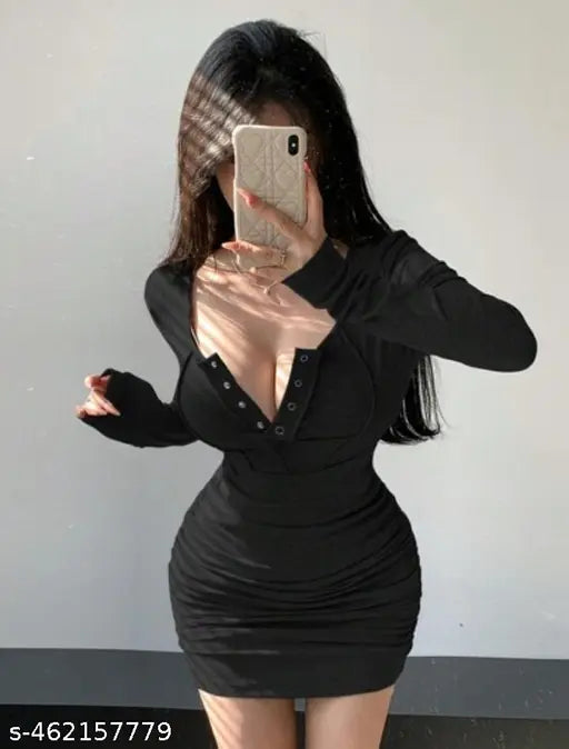 TRENDY FULL SLEEVE TICH BOTTON BODYCON DRESS FOR GIRLS AND WOMENS