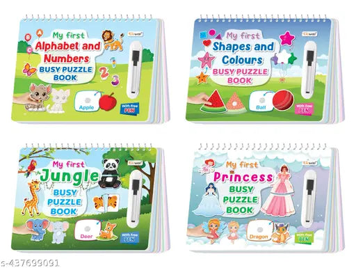 My First Alphabet and Numbers Shapes and Colours Jungle and My First Princess Busy Puzzle Book : Learning book for Toddlers and Preschoolers Spiral Binding Book Activity Binder book for Kids - Pack of 4 Busy Puzzle Book