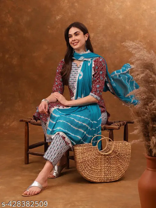 Women's Flower Printed Kurta with Pant Ethnic Set