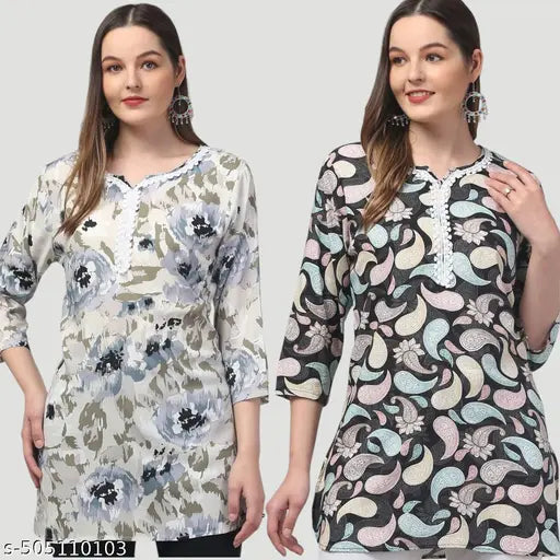 Women printed multicolou rayon embroded short kurti pack of 2