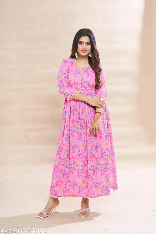 Ashima Designer Pink Color Floral Print Pure Cotton Naira Cut Calf Length Kurti