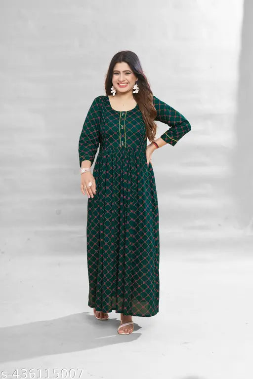 Ashima Designer Dark Green Color Geometric Print Naira Cut Rayon Kurti
