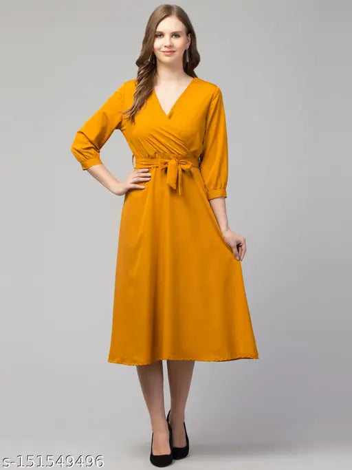 Women Solid Belted Midi Dress