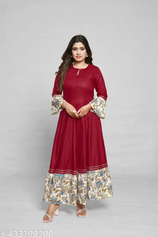 Ashima Designer Maroon Color Solid Print Ballon Sleeves Frill Designer Rayon Flared Gown
