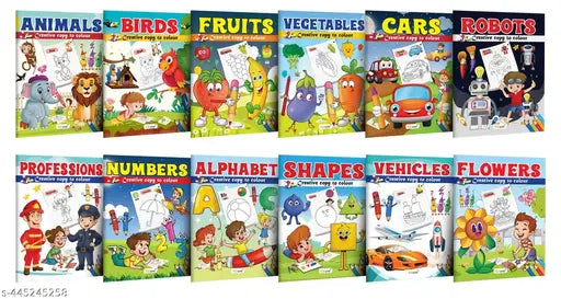 Animals Birds Fruits Vegetables Cars Robot Professions Numbers Alphabet Shapes Vehicle and Flowers-Creative Copy to Colour book : Toddlers Coloring Book Ages 3-12 -Pack of 12 Colouring books
