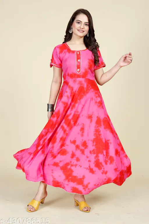 Ashima Designer Pink Color Short Sleeve Shibori Print Lace Work Gown