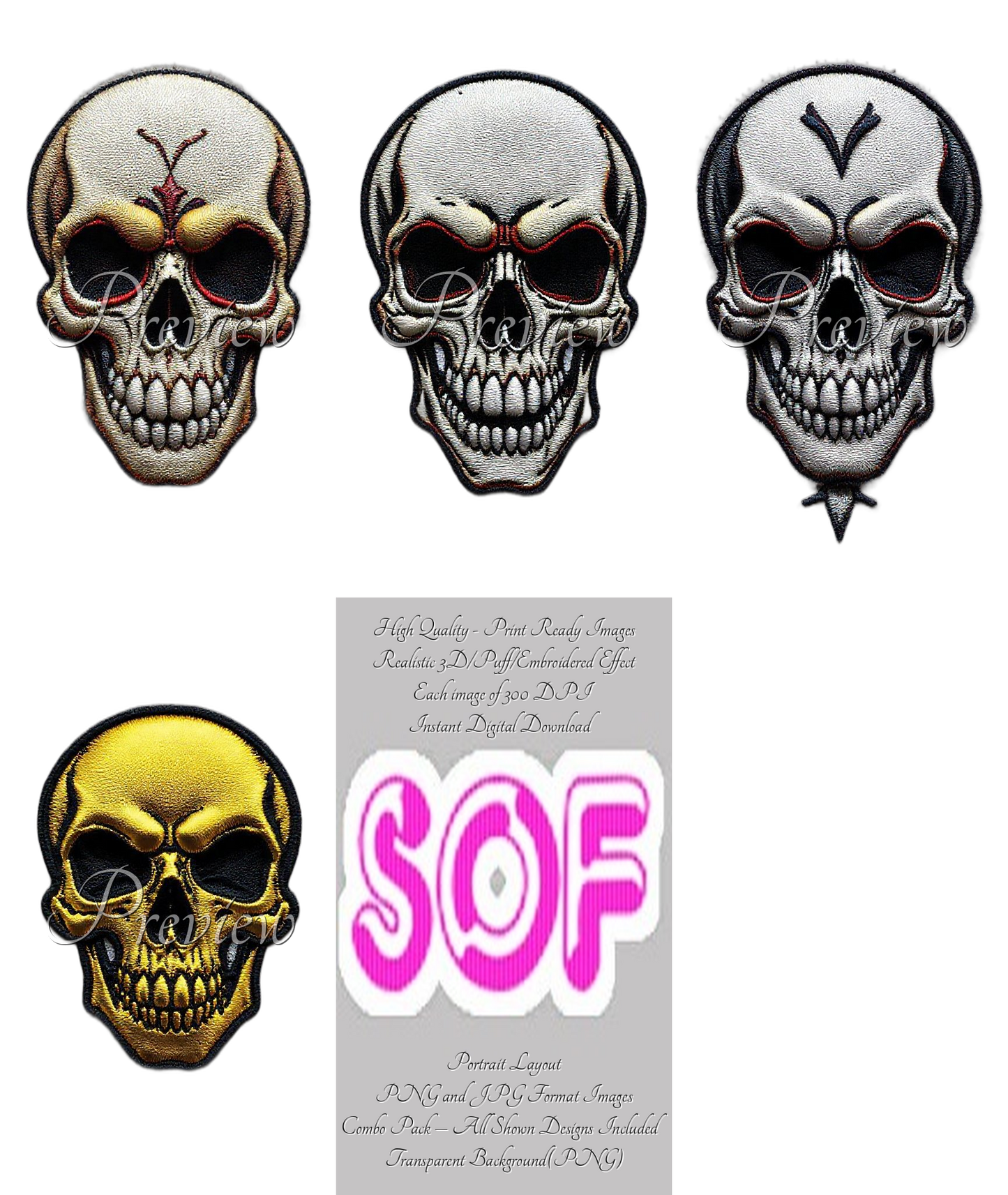 Skull #set3 Theme Pack of 4 Digital Images | 300 DPI Printable Art | Print on Demand Images