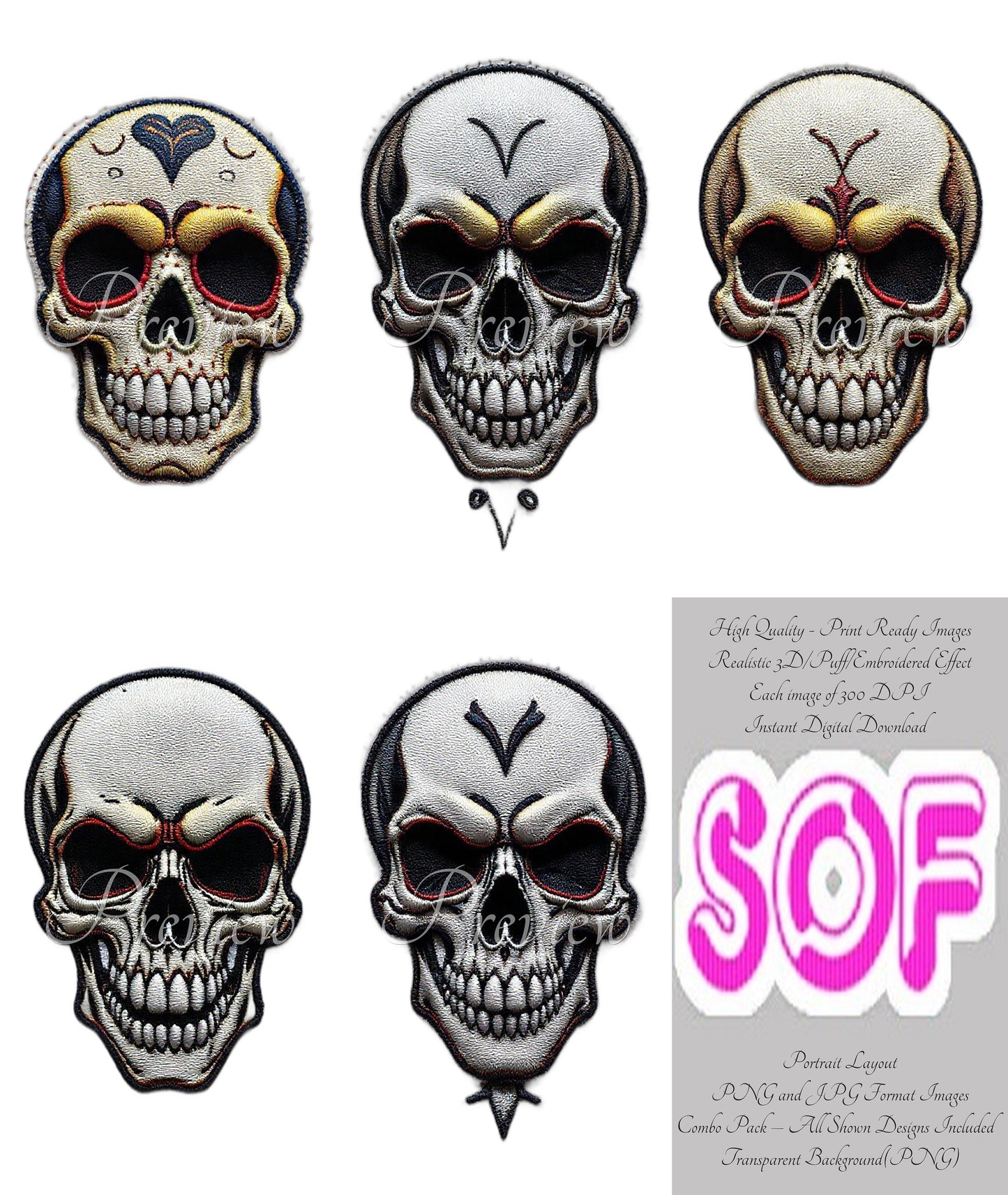 Skull New #set1 Theme Pack of 5 Digital Images – 300 DPI Printable Art