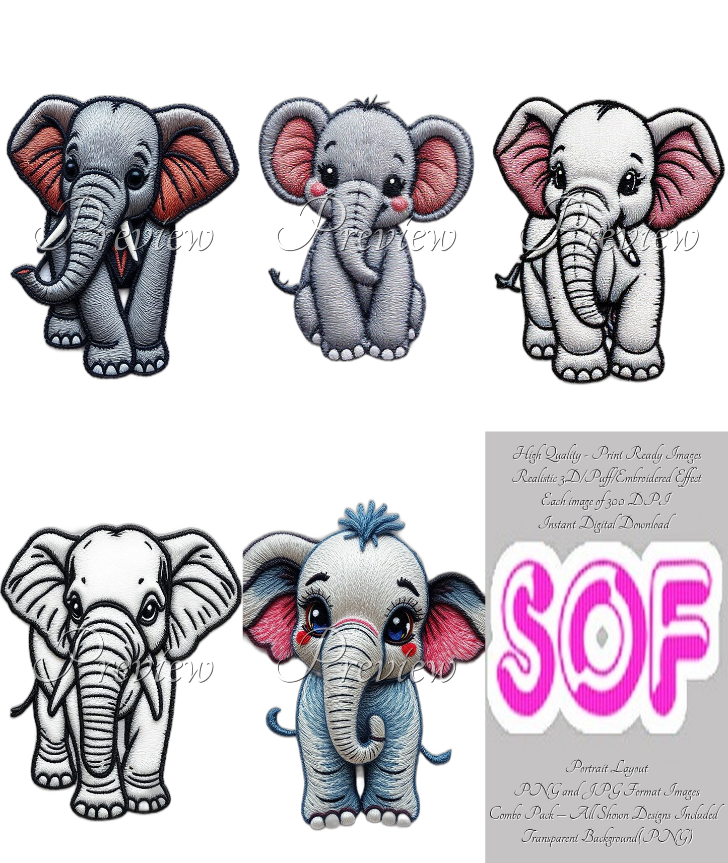 Small Elephant Theme Pack of 5 Digital Images | 300 DPI Printable Art | Images for Print on Demand