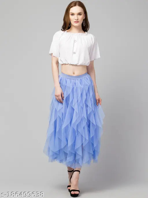 Women Flared Solid Mesh Skirt
