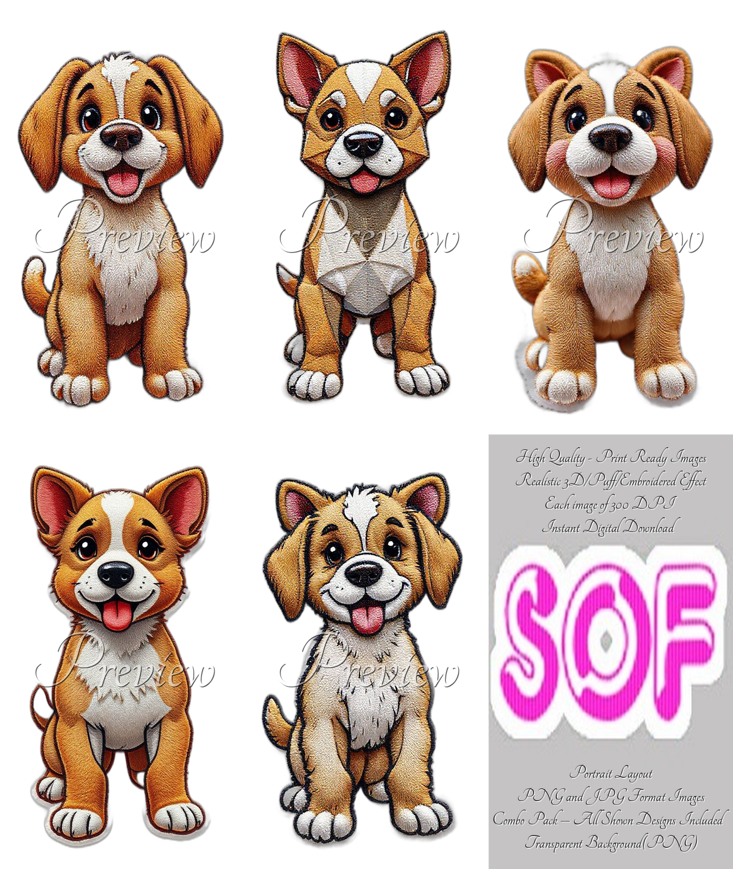 #0000 Standing Dog Puppy Theme Pack of 5 Digital Images | 300 DPI Printable Art | Images for Print on Demand