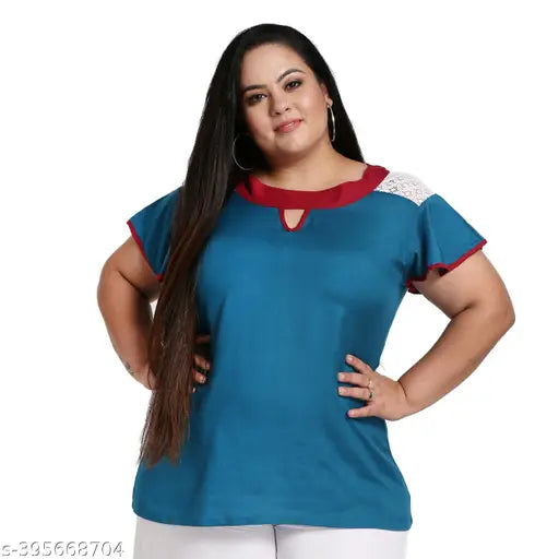 FAZZN Plus Size Elegant Blue Round Neck Short Sleeves Rayon Top