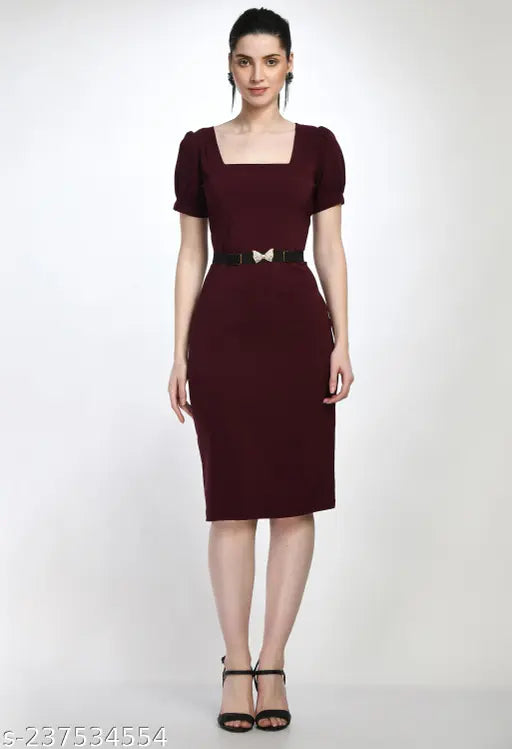 Elegant Solid Belted Sheath Dress