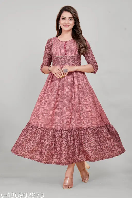 Ashima Designer Red Color Foil Print Frill Work Flared Anarkali Kurti