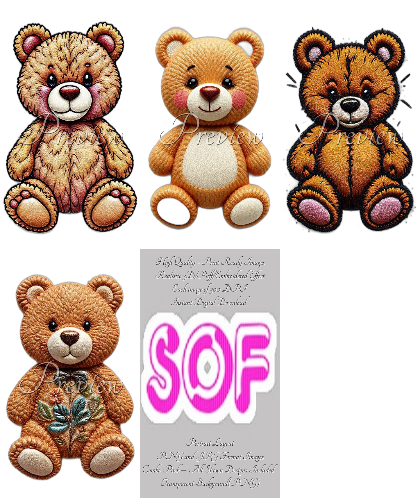 Teddy Bear Theme Pack of 4 Digital Images | 300 DPI Printable Art | Images for Print on Demand