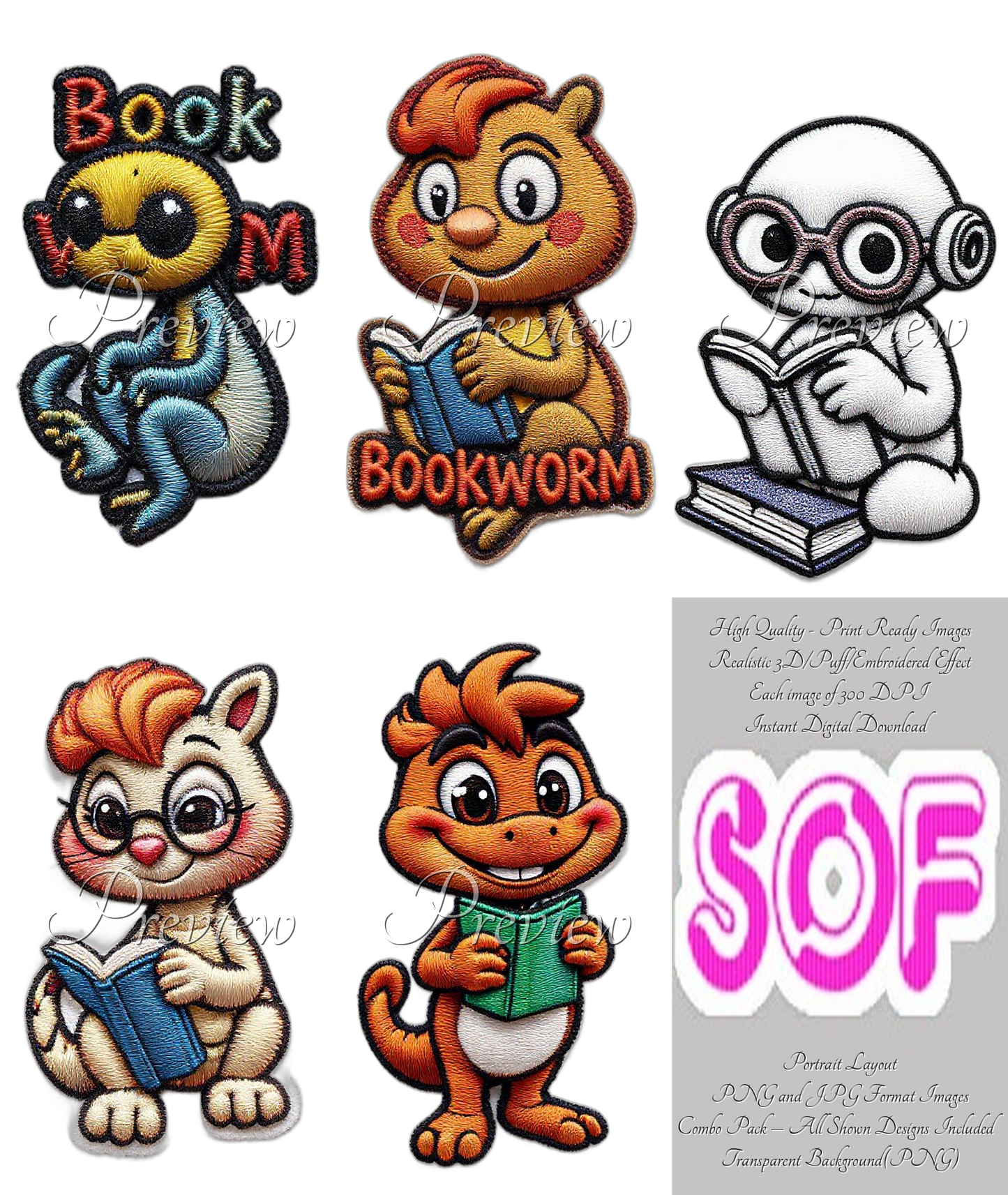 Bookworm Theme Pack of 5 Digital Images – 300 DPI Printable Art