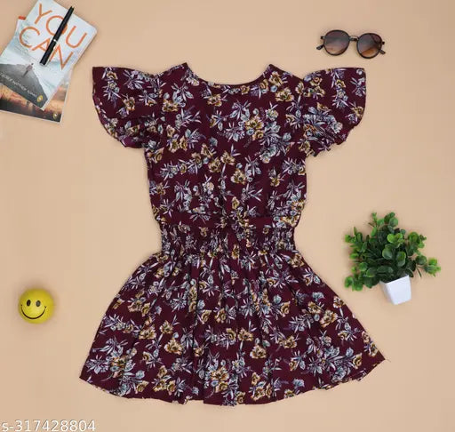Nature Craft Maroon Georgette Floral Half Sleeve knee Length Kids Dress