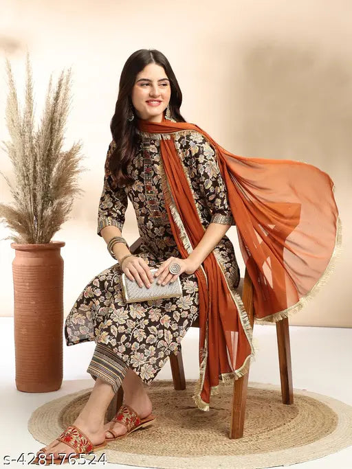 Women's Foil Print With Handwork kurta pant with dupatta set