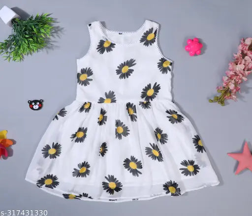 Nature Craft White Georgette Floral Sleeveless Round Neck Kids Dress