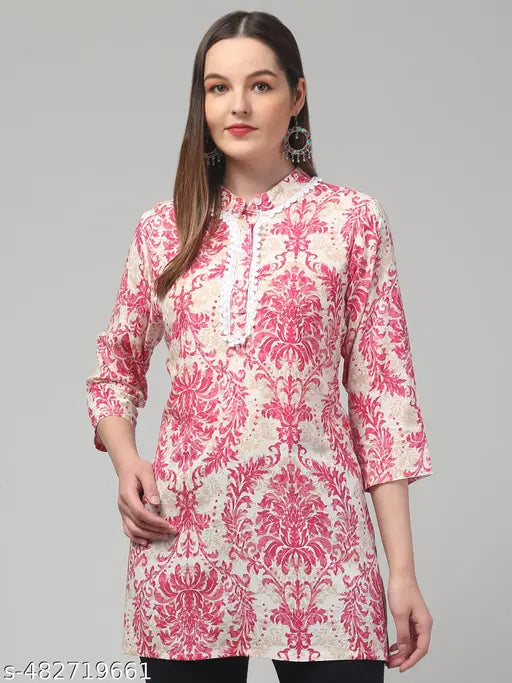 Women printed laces 3/4 sleeve rayon short kurti