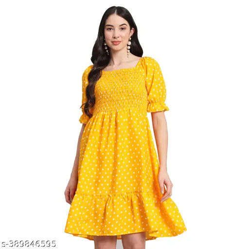 Nature Craft Yellow Fancy Polka Dot Crepe Half sleeve Dress