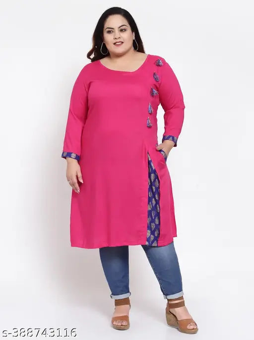 FAZZN Plus Size Knee-Length Rayon Pink Kurti with Full Sleeves
