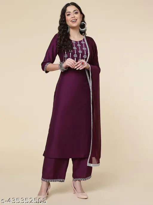 Women's Embroidered Kurta and Palazzo with Dupatta Set