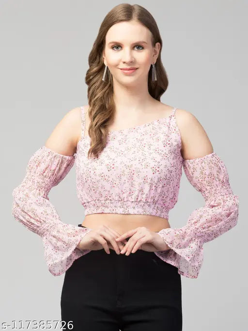 Women Girls Cold Shoulder Floral Crop Top