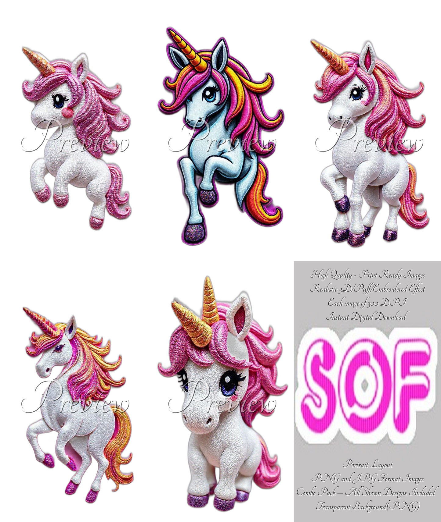 Unicorn Set#332 Theme Pack of 5 Digital Images | 300 DPI Printable Art | Images for Print on Demand