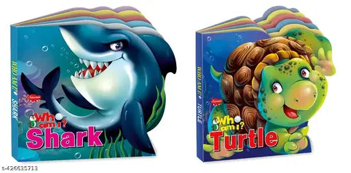 Shark and Turtle Who Am I' Die-Cut Shape Board-Books for kids : Die cut shape book Learning book for kids Kids educational book - Combo of 2 board book for kids.