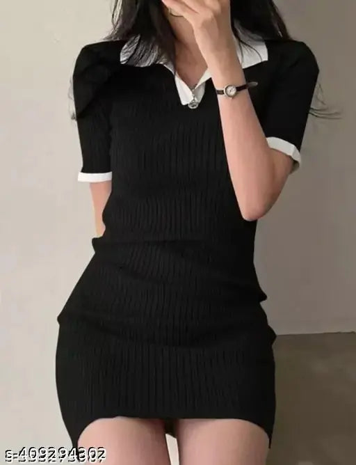 STYLISH COLLAR MINI DRESS BLACK