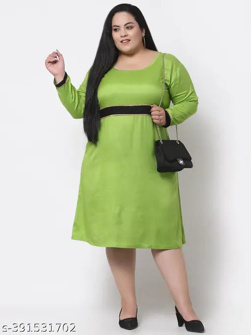 FAZZN Plus Size Customizable Knee-Length Round Neck Full Sleeves Rayon Green Dress