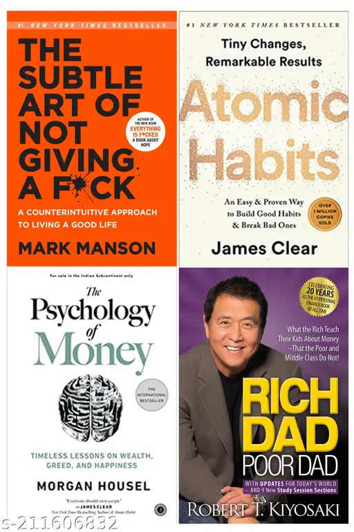 RICH DAD POOR DAD BY ROBERT KIYOSAKI + ATOMIC HABITS + THE SUBTLE ART OF NOT GIVING A +PSYCHOLOGY OF MONEY BY MORGAN HOUSEL