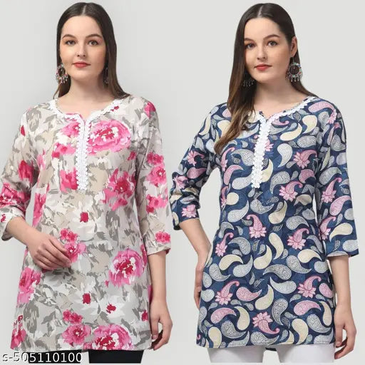 Women printed multicolou rayon embroded short kurti pack of 2